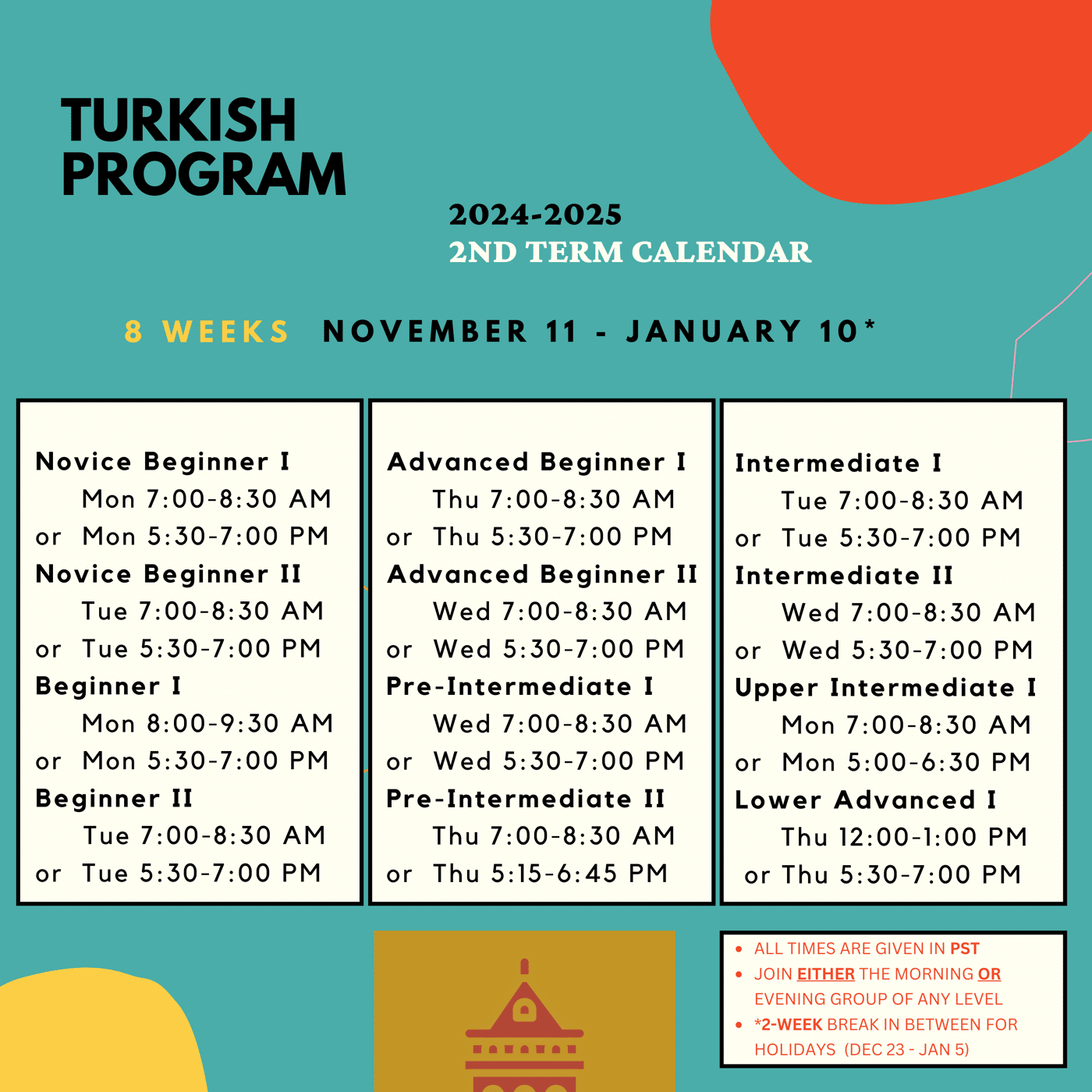 Turkish program 2024-2025 school year term 2 class level schedule with online and in-person classes